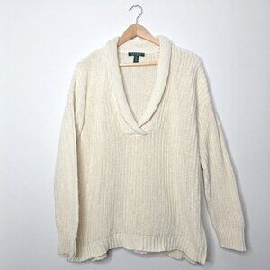 Lauren Ralph Lauren Shawl Collar Sweater Ivory Ribbed Knit V-Neck Pullover